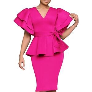 NWT ~ Bright Fuchsia Pink Vintage Looking Sexy Ruffle Belted Dress Plus Size 2XL